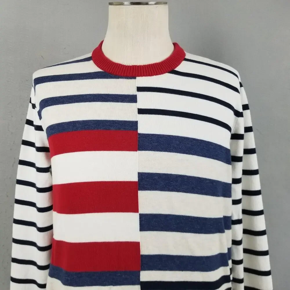 Tommy Hilfiger Sweater Mens Large White Navy‎ Red Striped Crewneck Cotton Knit